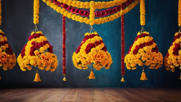 Extravagant decorations of marigold garlands in vibrant colors hanging prominently