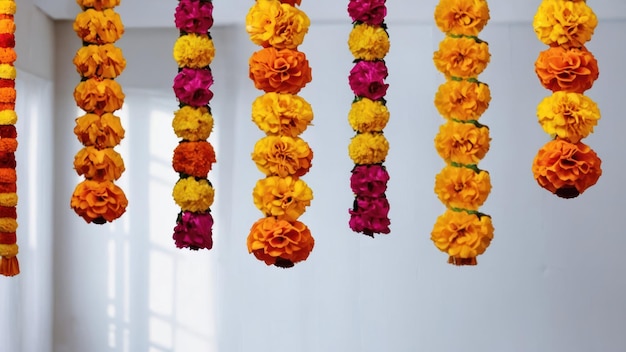 Extravagant decorations of marigold garlands in vibrant colors hanging prominently