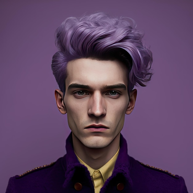 Extravagant man with purple formal and extravagant jacket on color background Generative AI