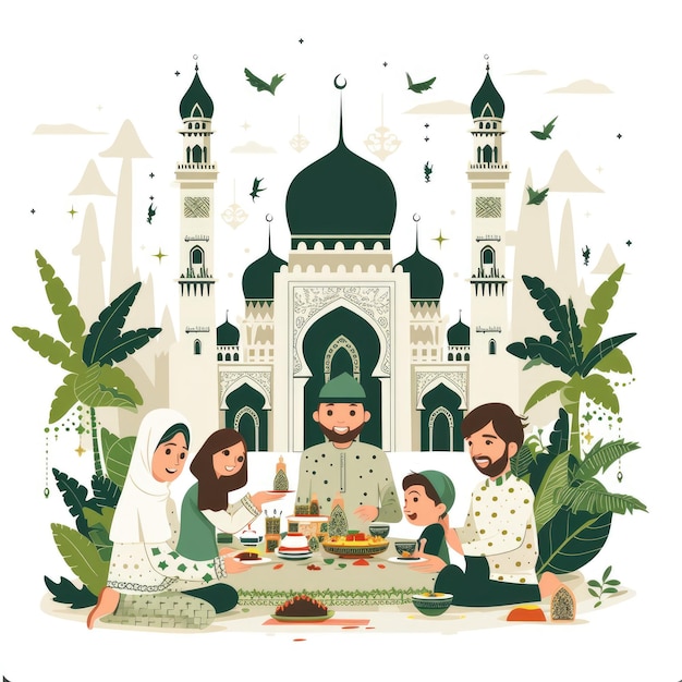 Extravagant Ramadan Feast Family Mosque and Flat Color Harmony