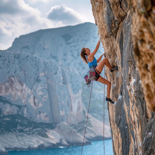 Photo extreme cliff climb woman rock climbing with resolve