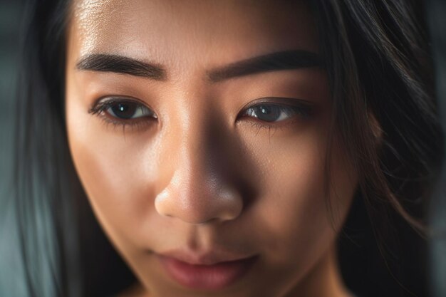 Photo extreme close up of the face of a asian female looking down strong young woman thinking