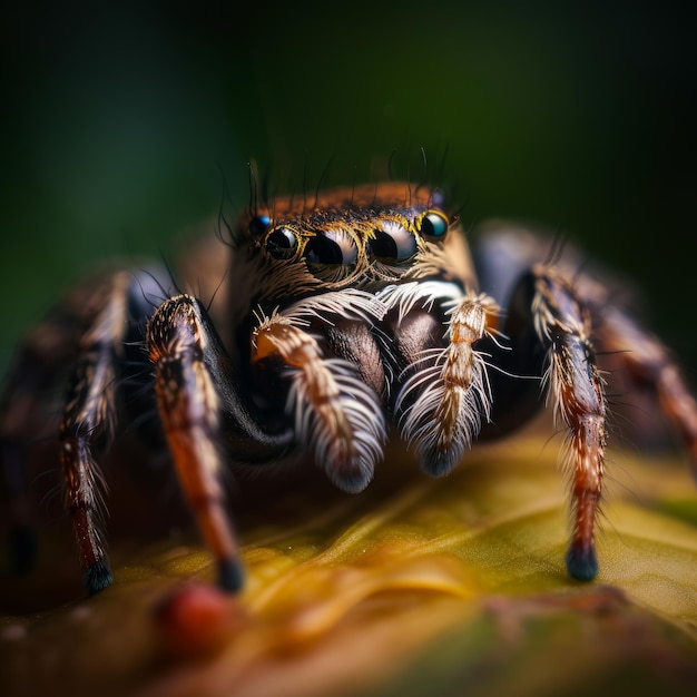 Extreme close up of a fluffy spider with six eyes Jumping spider on a blurred backdrop Generative AI