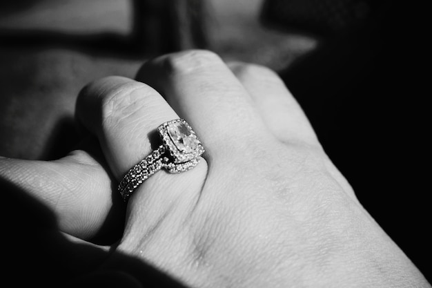 Photo extreme close up of hand with finger ring