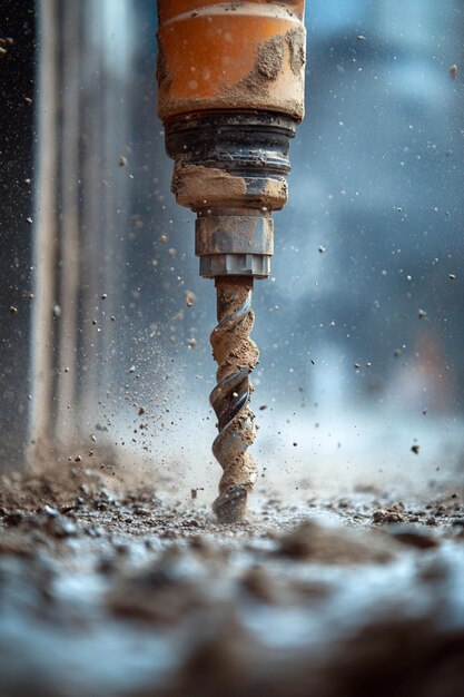 Photo an extreme close up of a powerful concrete driller in action against a concrete wall