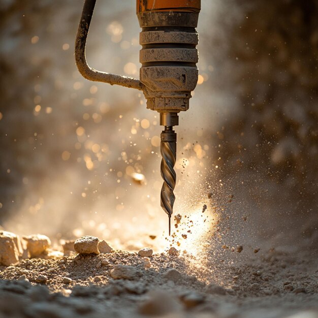 Photo an extreme close up of a powerful concrete driller in action against a concrete wall