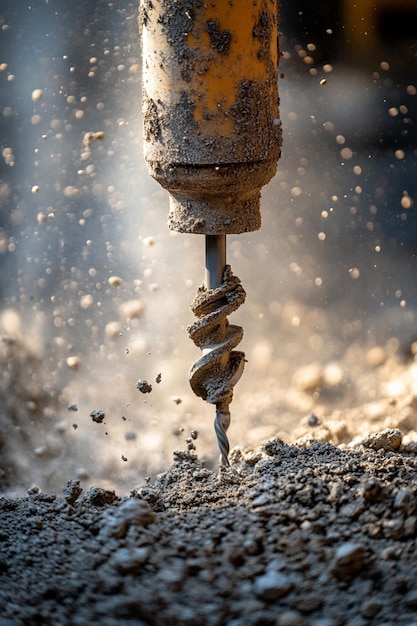 Photo an extreme close up of a powerful concrete driller in action against a concrete wall