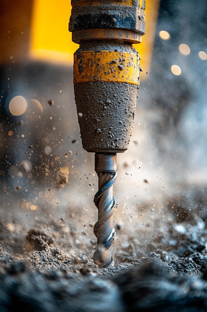 Photo an extreme close up of a powerful concrete driller in action against a concrete wall