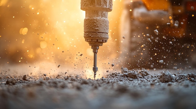 Photo an extreme close up of a powerful concrete driller in action against a concrete wall