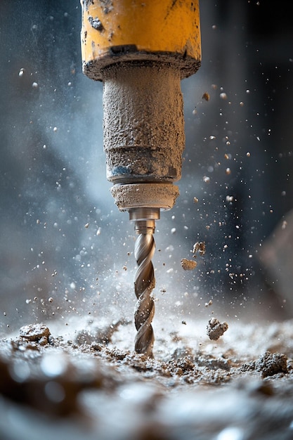 Photo an extreme close up of a powerful concrete driller in action against a concrete wall