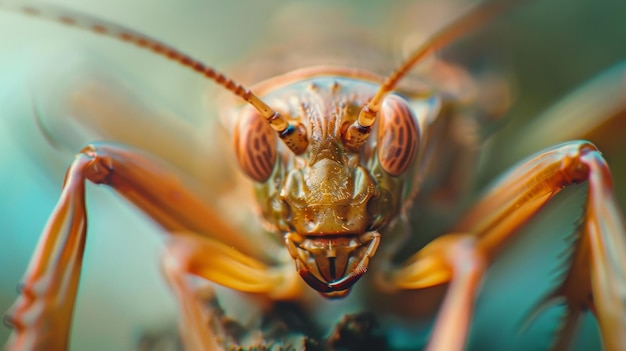 Extreme closeup of a colorful insect highlighting its detailed eyes and antennae with an artistic blurred background