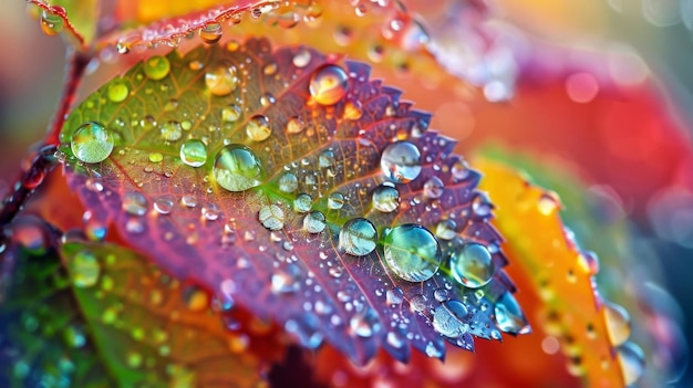 Extreme closeup on colorful leaves with water drops