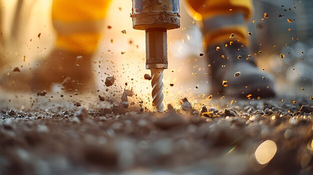 Photo extreme closeup of a concrete drill in action