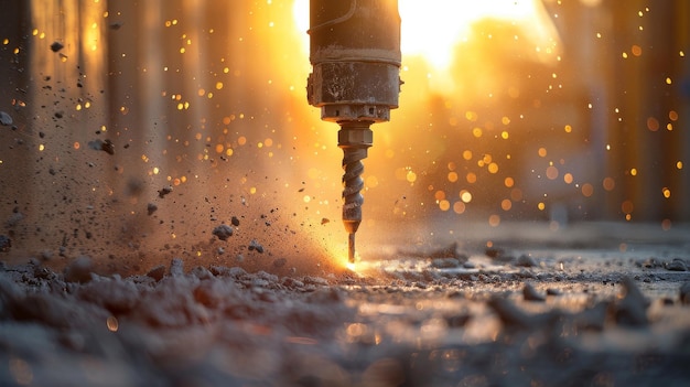 Photo extreme closeup of a concrete driller drilling into a concrete wall dust and dirt motion blur depth