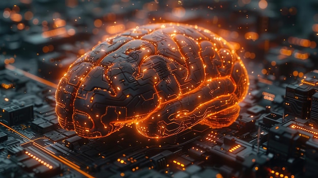 Extreme closeup of cybernetic neural interface chip implanted in human brain digital design