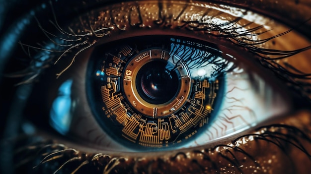 Extreme closeup of an robotic eye electronic pupil chip generative AI