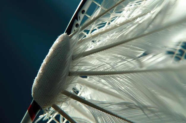 Photo extreme closeup of shuttlecock feathers and racket strings