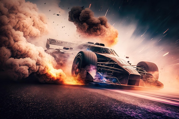 Extreme extreme driving of car on track with smoke and sparks racing double exposure