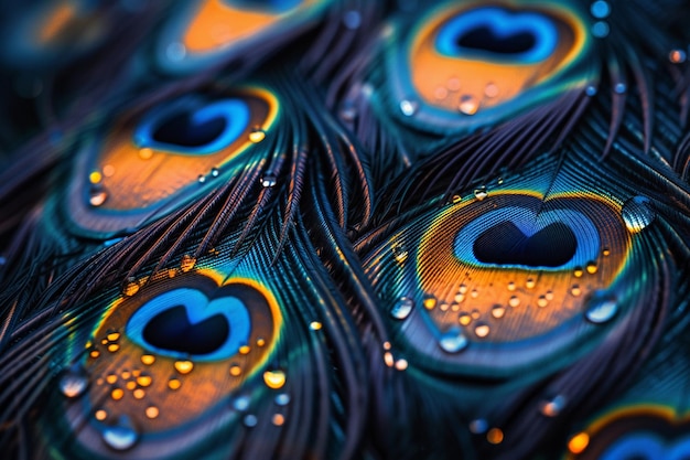 Extreme Macro shot of Peacock Feathers with Sparkling Water Droplets Earth Day AI Generated