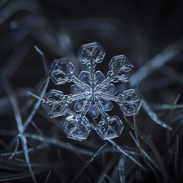 Photo extreme macro shot of a snowflake on dark background intricate crystalline structure