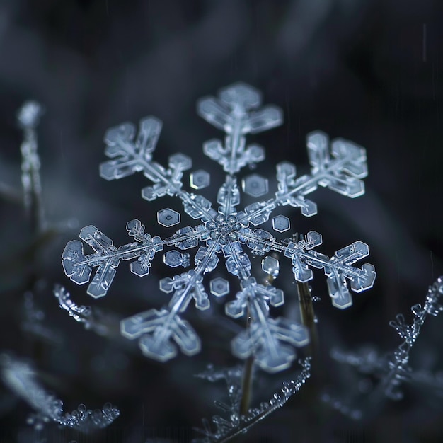 Photo extreme macro shot of a snowflake on dark background intricate crystalline structure