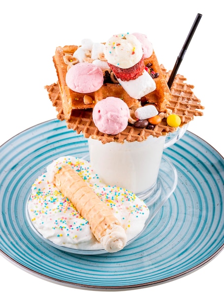 Extreme milkshake Overshake Milk Freakshake with waffles and sweets