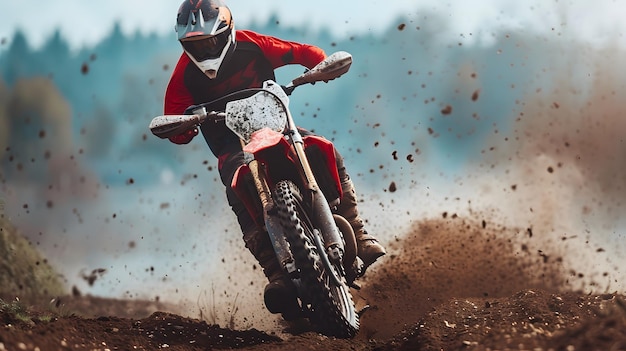 Extreme motocross Rider riding motocross race bike in action on dirt track by ai generative