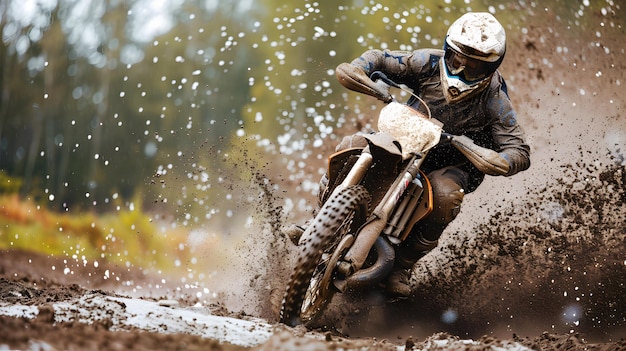 Extreme motocross Rider riding motocross race bike in action on dirt track by ai generative