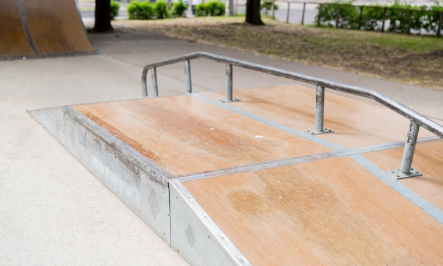 extreme sport, skateboarding, equipment and youth culture concept - close up of ramp at city skatepark