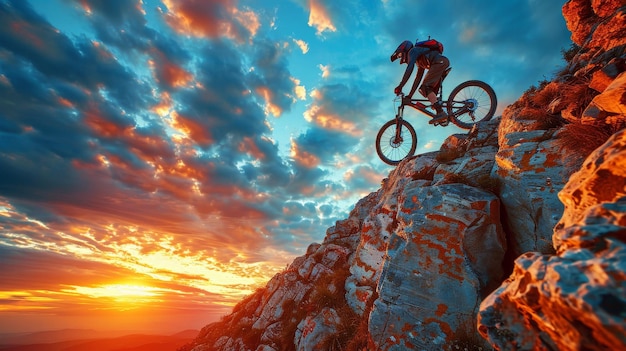 Photo extreme sports scene a mountain biker performing a jump over a rocky cliff at sunset high adrenaline