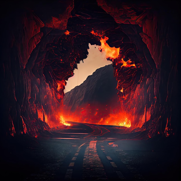 Extreme underworld road leading to gate of hell in burning city