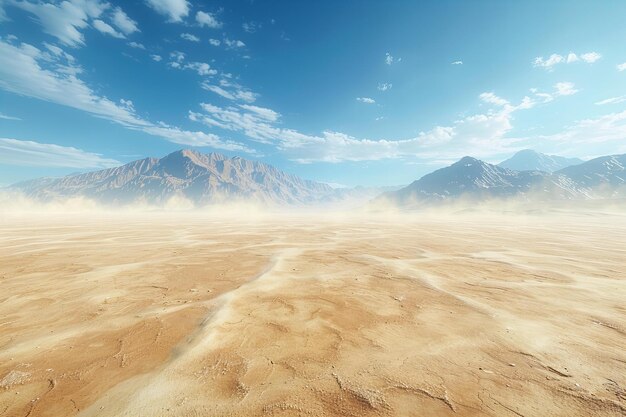 Extreme wide shot of an arid desert landscape with mountains in the distance dusty sky white sand