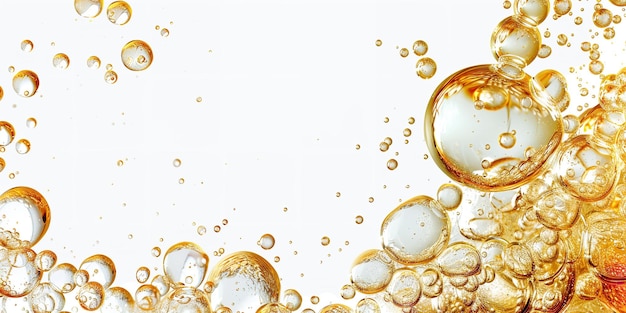 Photo an extremely closeup of oil bubbles floating over a plain white background with text or background space available generative ai