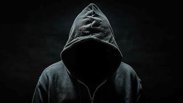 An extremely dark and mysterious figure in the shadows wearing an unzipped hoodie against a black