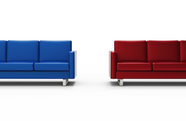 Extremely long red and blue sofa isolated on white background 3d rendering 3d rendering