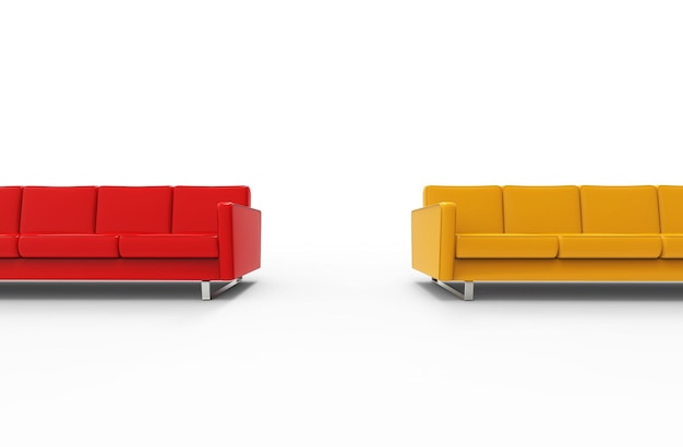 Extremely long red and yellow sofa isolated on white background 3d rendering