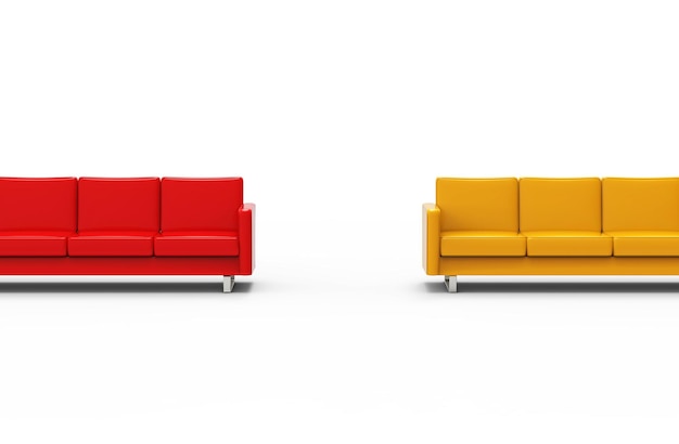 Extremely long red and yellow sofa isolated on white background 3d rendering