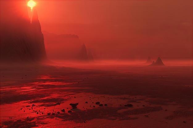 An extremely wide shot of a red desert with red rocks in the distance in a foggy dawn light under a