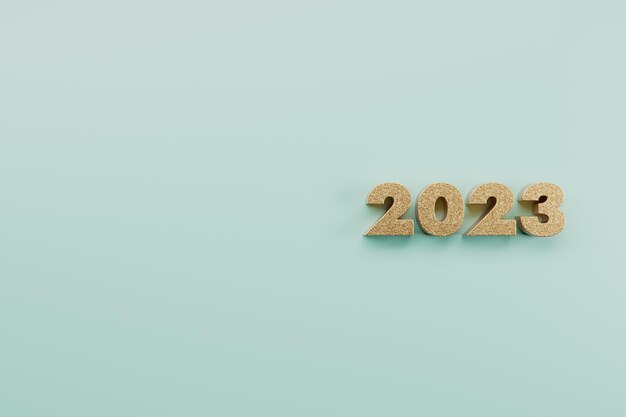 Extruded gold numbers 2023 new year on blue wall background 3d render