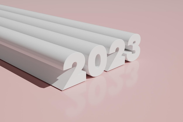 Extruded white numbers 2023 new year on pink background 3d render