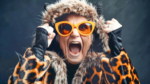 Photo an exuberant elderly woman screams with joy dressed in a playful cat costume celebrating the halloween holiday