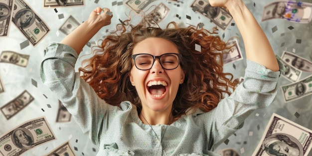 Photo exuberant female with glasses in a flurry of dollar bills rich in joy