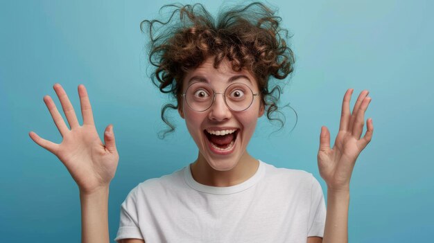 Photo an exuberant person with curly hair and round glasses is raising their hands with a wideopen smile exhibiting a playful and ecstatic expression against a blue background