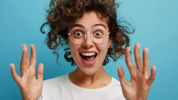 Photo an exuberant person with curly hair and round glasses is raising their hands with a wideopen smile exhibiting a playful and ecstatic expression against a blue background