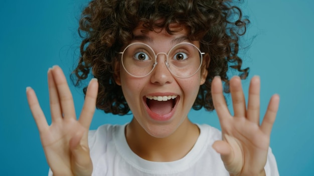 An exuberant person with curly hair and round glasses is raising their hands with a wideopen smile exhibiting a playful and ecstatic expression against a blue background