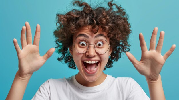 Photo an exuberant person with curly hair and round glasses is raising their hands with a wideopen smile exhibiting a playful and ecstatic expression against a blue background