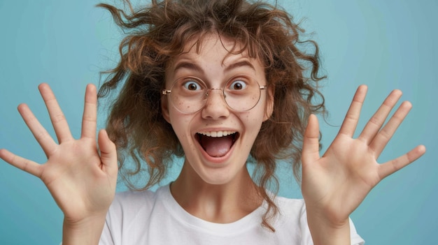 Photo an exuberant person with curly hair and round glasses is raising their hands with a wideopen smile exhibiting a playful and ecstatic expression against a blue background