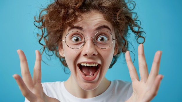 An exuberant person with curly hair and round glasses is raising their hands with a wideopen smile exhibiting a playful and ecstatic expression against a blue background