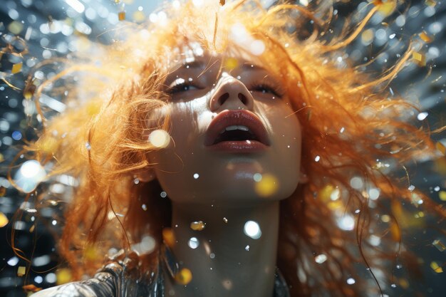 Photo exuberant redhaired woman celebrating with glitter and sparkles