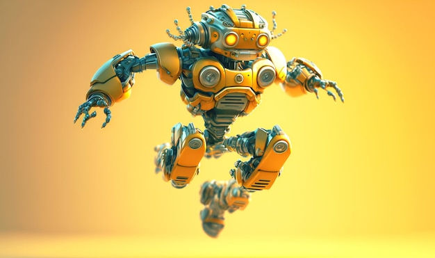 Exuberant robot performing a leap of happiness on a sunny yellow background